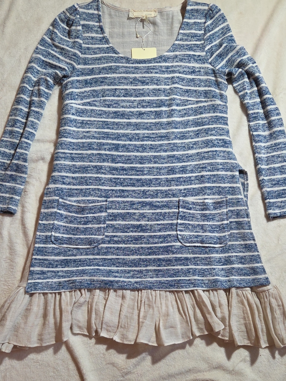 A'Reve Blue & White Striped Knit Dress with Cream Ruffle Hem